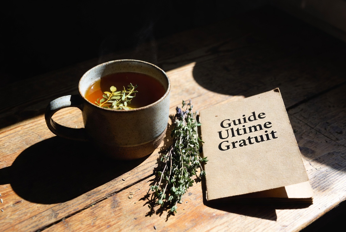 Tasse d'infusion aux herbes fraiches et guide gratuit des tisanes pose sur une table en bois